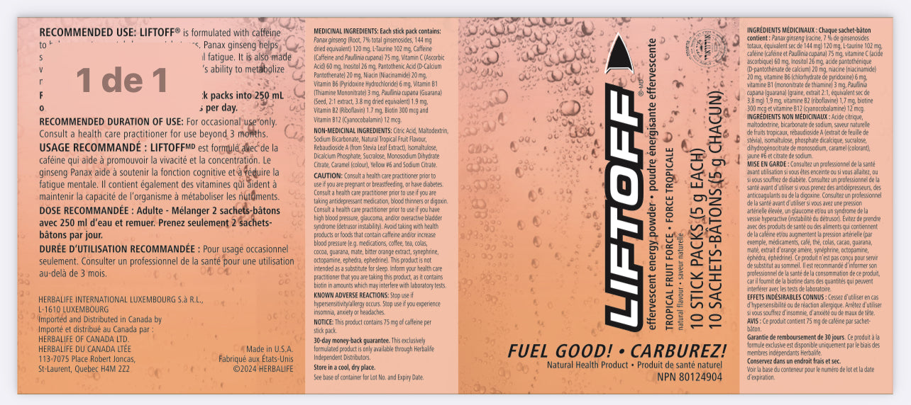 Liftoff®-MD-Force tropical complément effervescent à base de caféine permet de lutter contre la baisse d’énergie de l’après-midi.